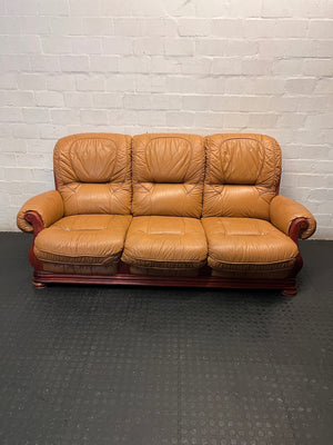 3 Seater Tan Brown Leather Couch with Wood Detail — Good Working Order – main front view