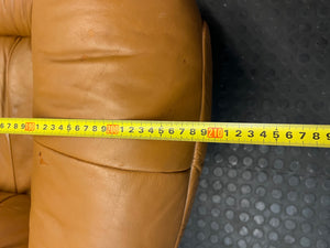 3 Seater Tan Brown Leather Couch with Wood Detail — Good Working Order – width measurement