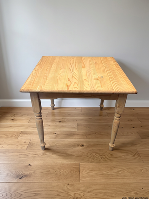 Square Pine Dining Table with Turned Legs — Feet Not Properly Installed – styled product image