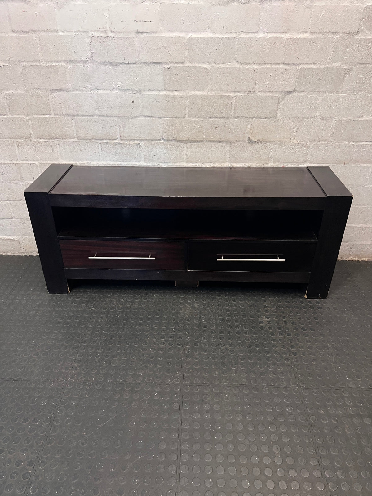 Dark Wood Low-Profile TV Unit with Two Drawers – main front view