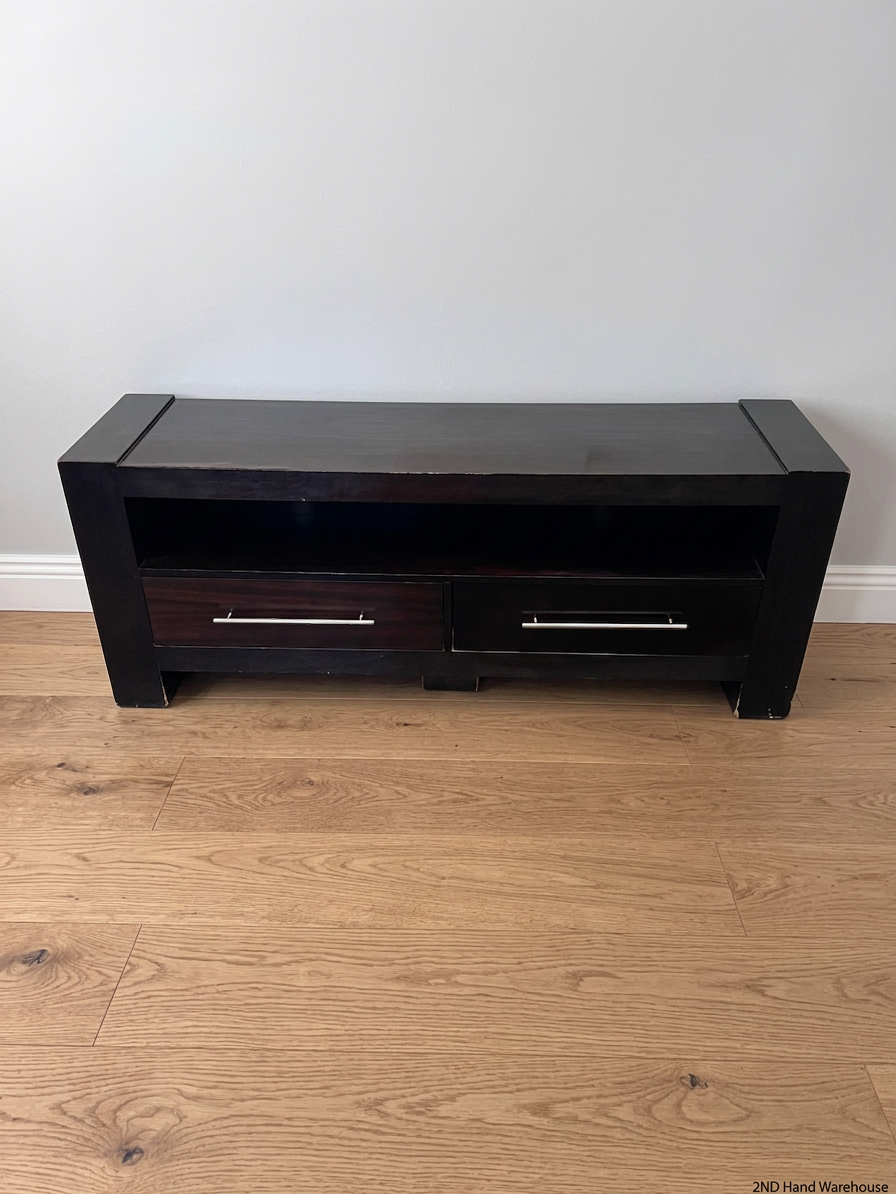 Dark Wood Low-Profile TV Unit with Two Drawers – styled product image
