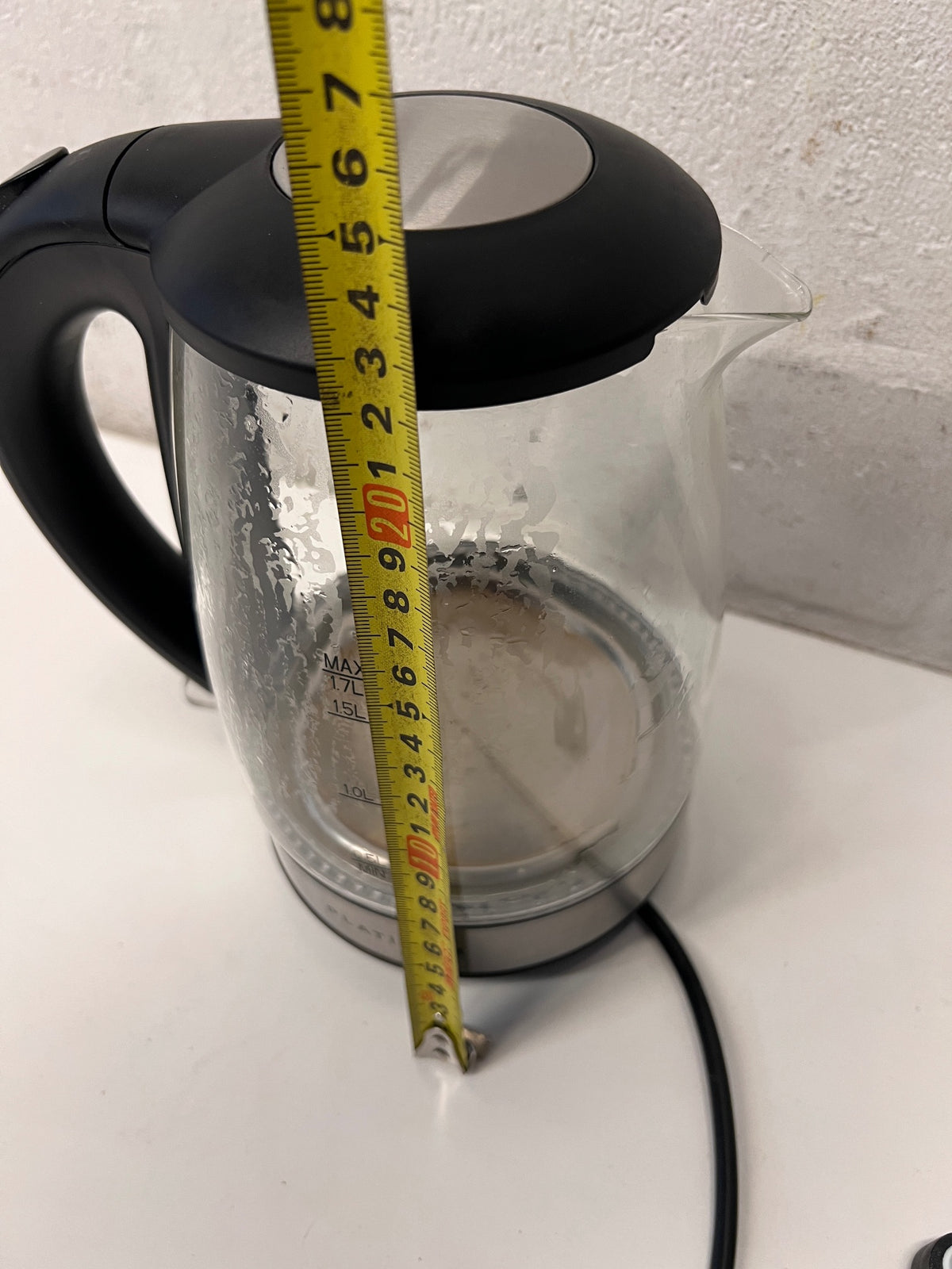 Platinum 1.7L Glass and Black Electric Kettle — Internal Limescale Build-up – height measurement