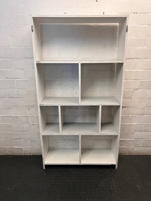 Tall White Asymmetrical Bookshelf with Cubby Shelves – condition detail