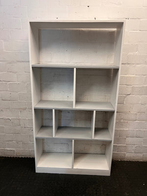 Tall White Asymmetrical Bookshelf with Cubby Shelves – main front view