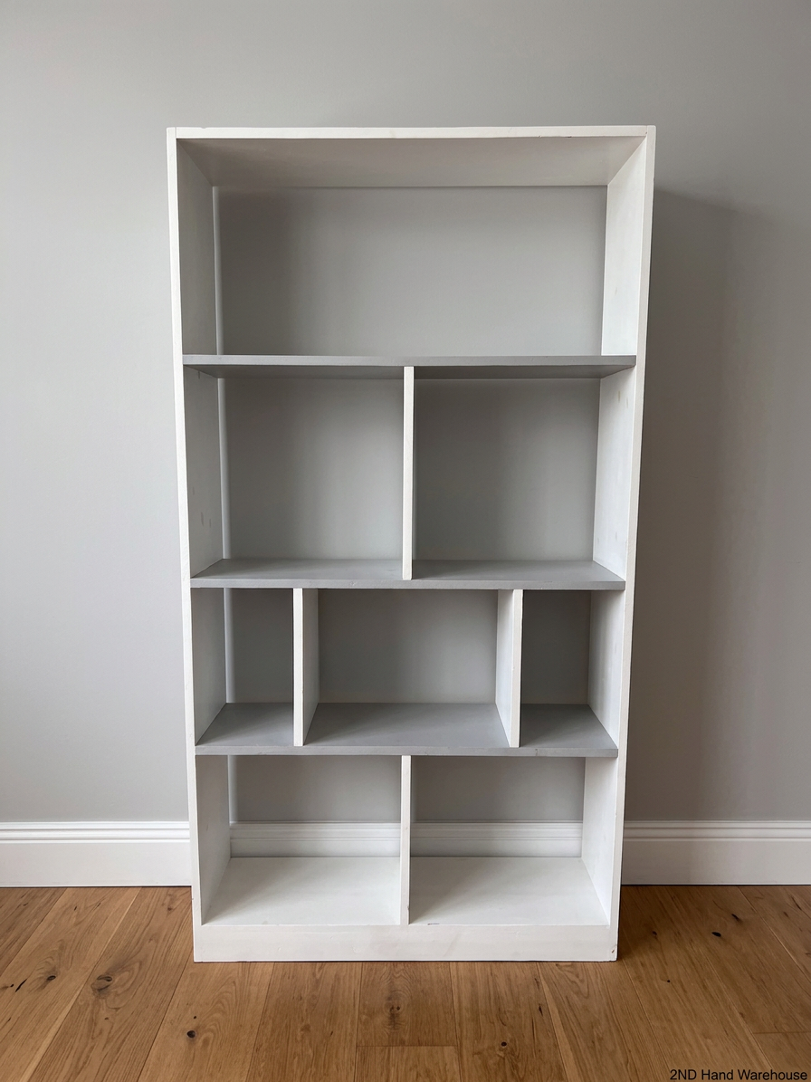 Tall White Asymmetrical Bookshelf with Cubby Shelves
