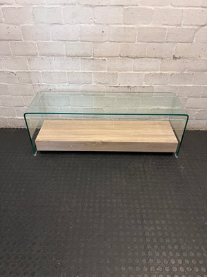 Bent Glass Coffee Table with Natural Oak-Style Base – condition detail