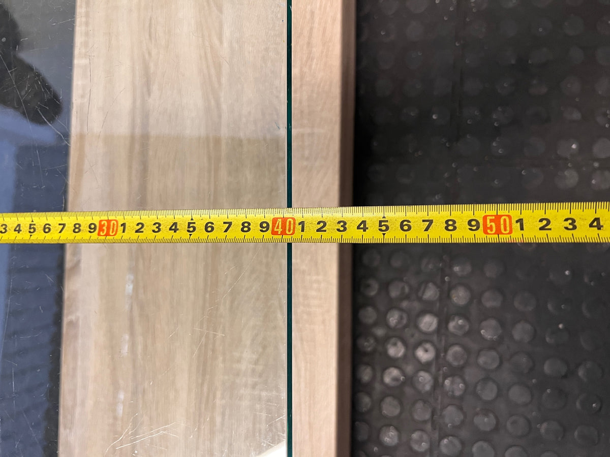 Bent Glass Coffee Table with Natural Oak-Style Base – depth measurement