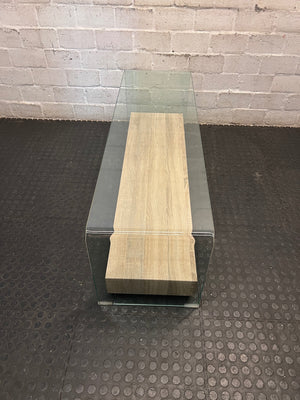 Bent Glass Coffee Table with Natural Oak-Style Base – side view