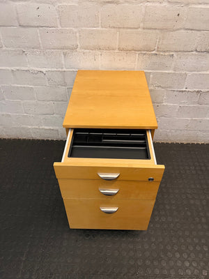 Light Oak Finish 3-Drawer Mobile Pedestal Cabinet — Fair Used Condition – side view