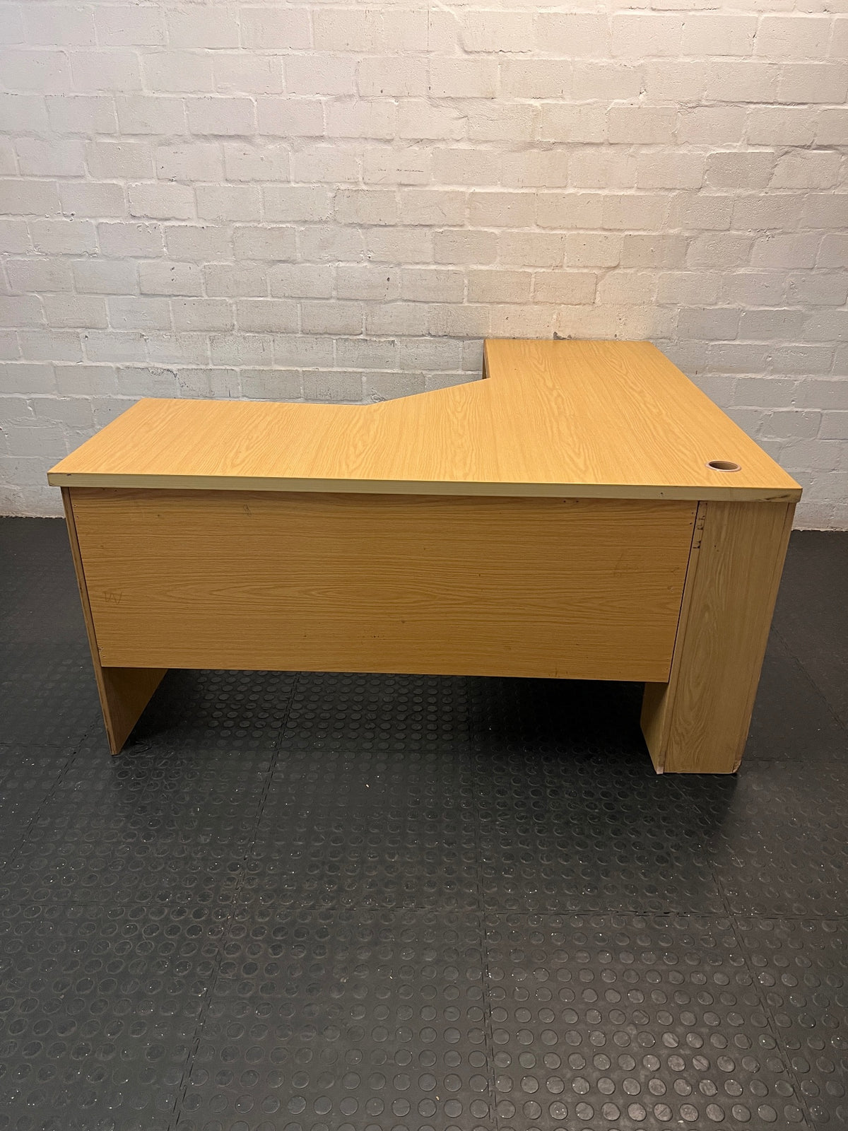 Oak-Look L-Shaped Corner Office Desk — Damaged Corner Desk in Fair Condition – back view