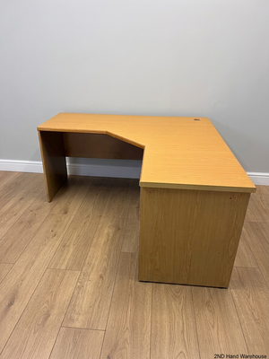 Oak-Look L-Shaped Corner Office Desk — Damaged Corner Desk in Fair Condition – styled product image