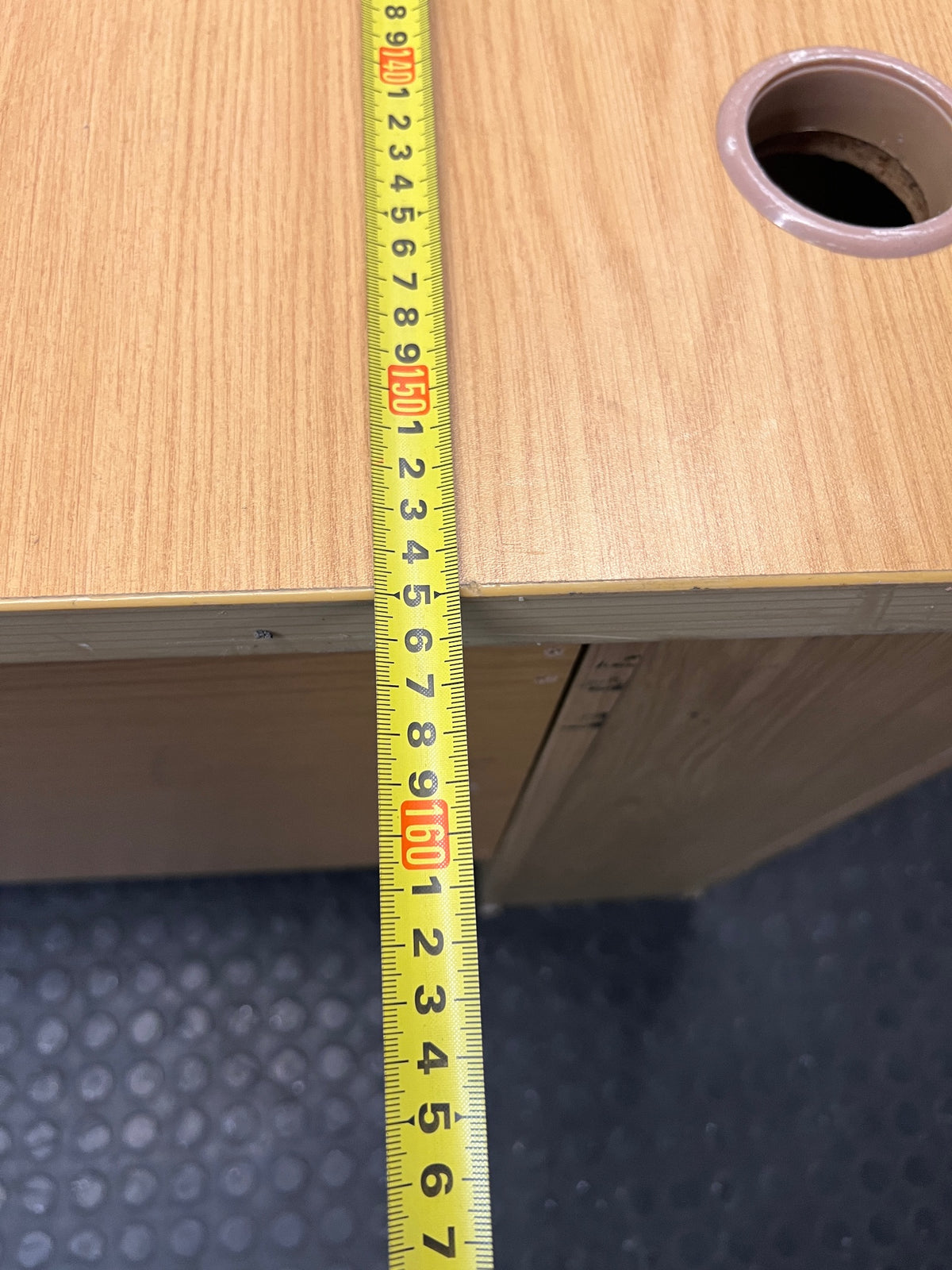 Oak-Look L-Shaped Corner Office Desk — Damaged Corner Desk in Fair Condition – width measurement