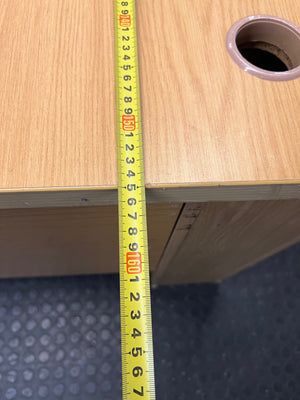 Oak-Look L-Shaped Corner Office Desk — Damaged Corner Desk in Fair Condition – width measurement