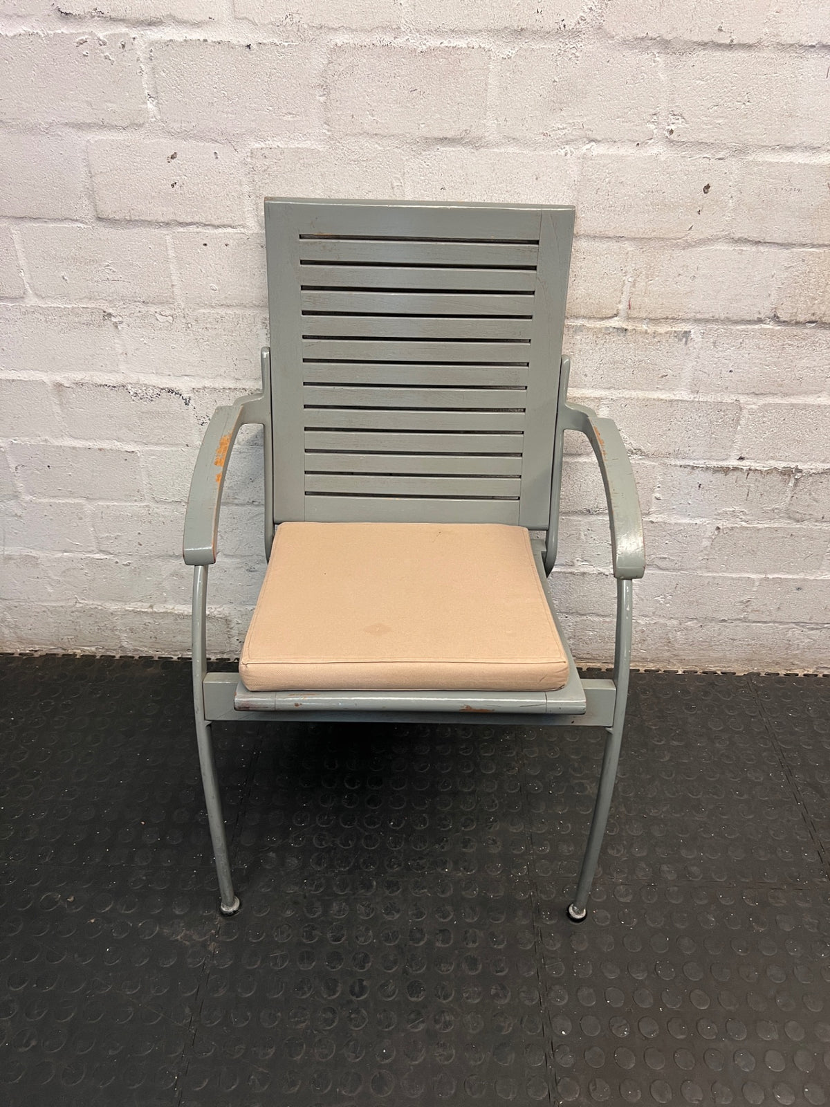 Slatted Wooden Armchair with Seat Cushion – main front view