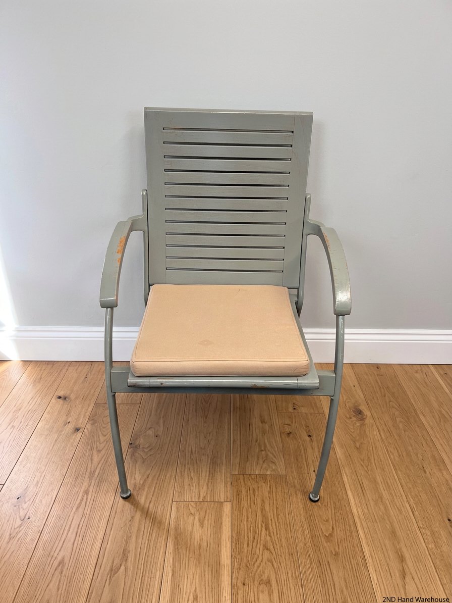 Slatted Wooden Armchair with Seat Cushion — Paint Chips on Armrests and Seat Edge