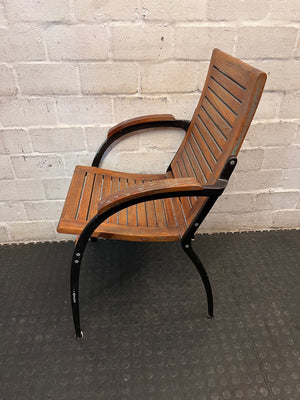 Slatted Wooden Outdoor Chair with Metal Frame — Fair Condition with Included Cushions – condition detail