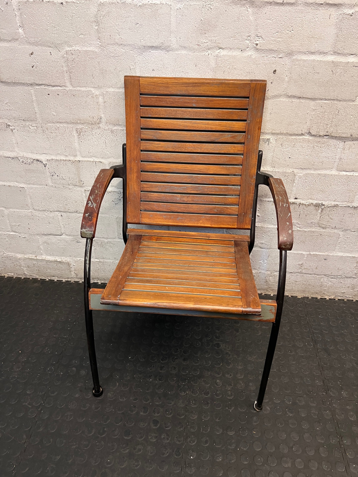 Slatted Wooden Outdoor Chair with Metal Frame — Fair Condition with Included Cushions – main front view