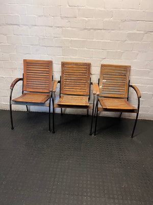 Slatted Wooden Outdoor Chair with Metal Frame — Fair Condition with Included Cushions – side view