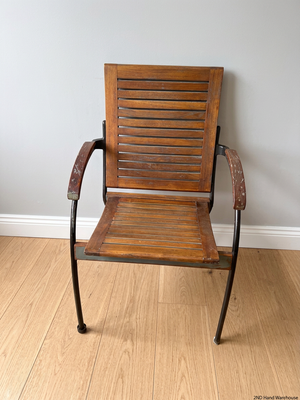 Slatted Wooden Outdoor Chair with Metal Frame — Fair Condition with Included Cushions – styled product image