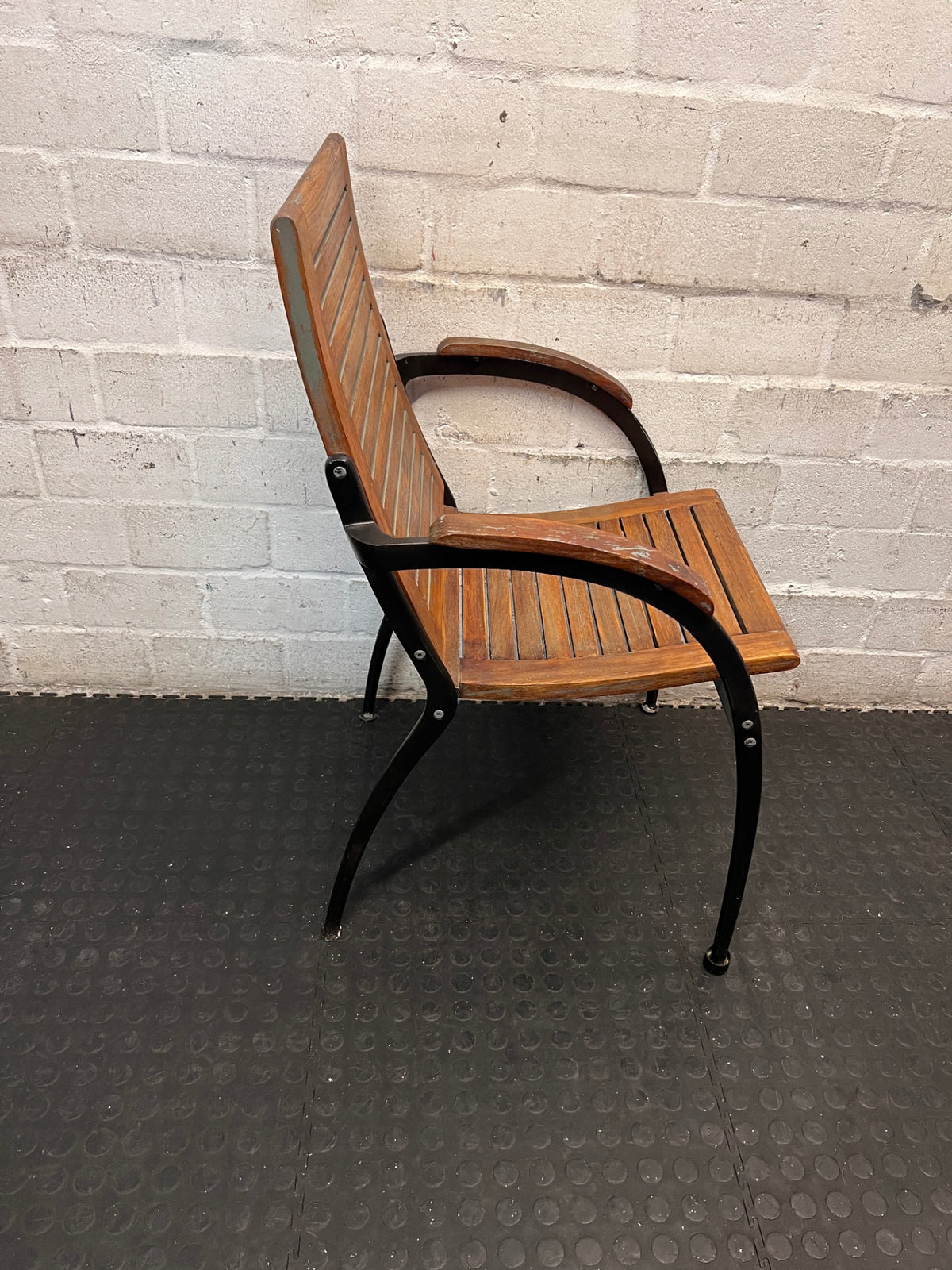 Slatted Wooden Outdoor Chair with Metal Frame — Fair Condition with Included Cushions – top view