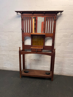 Traditional Red-Brown Wooden Hall Stand with Mirror — Good Working Order – main front view