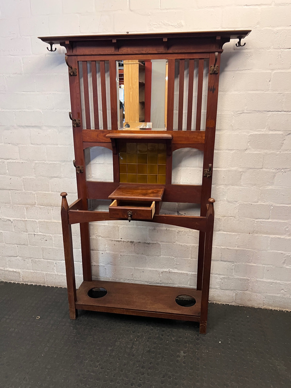 Traditional Red-Brown Wooden Hall Stand with Mirror — Good Working Order – side view
