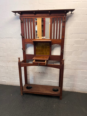Traditional Red-Brown Wooden Hall Stand with Mirror — Good Working Order – side view