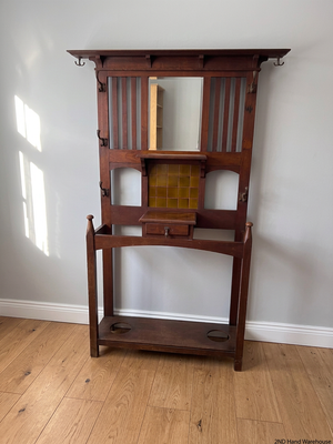 Traditional Red-Brown Wooden Hall Stand with Mirror — Good Working Order – styled product image