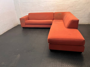 Large Coral Fabric L-Shape Sectional Couch — Visible Wear and Marks – main front view