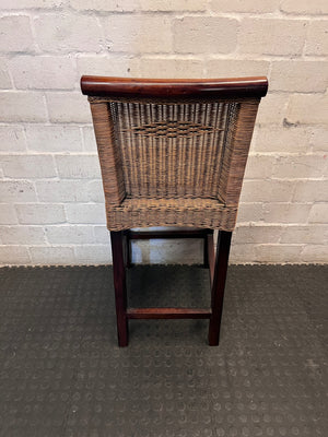Woven Rattan and Dark Wood Bar Stool — Fair Used Condition With Cushions Included – back view