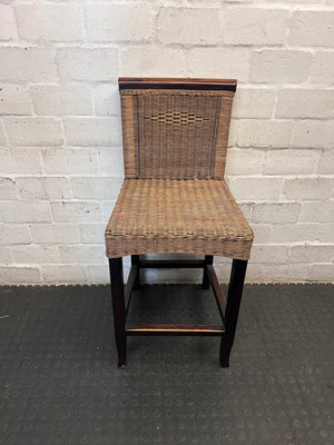 Woven Rattan and Dark Wood Bar Stool — Fair Used Condition With Cushions Included – main front view