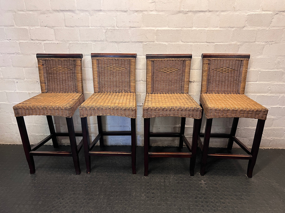 Woven Rattan and Dark Wood Bar Stool — Fair Used Condition With Cushions Included – side view