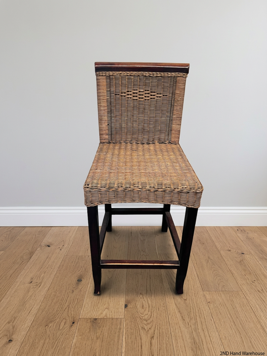 Woven Rattan and Dark Wood Bar Stool — Fair Used Condition With Cushions Included – styled product image