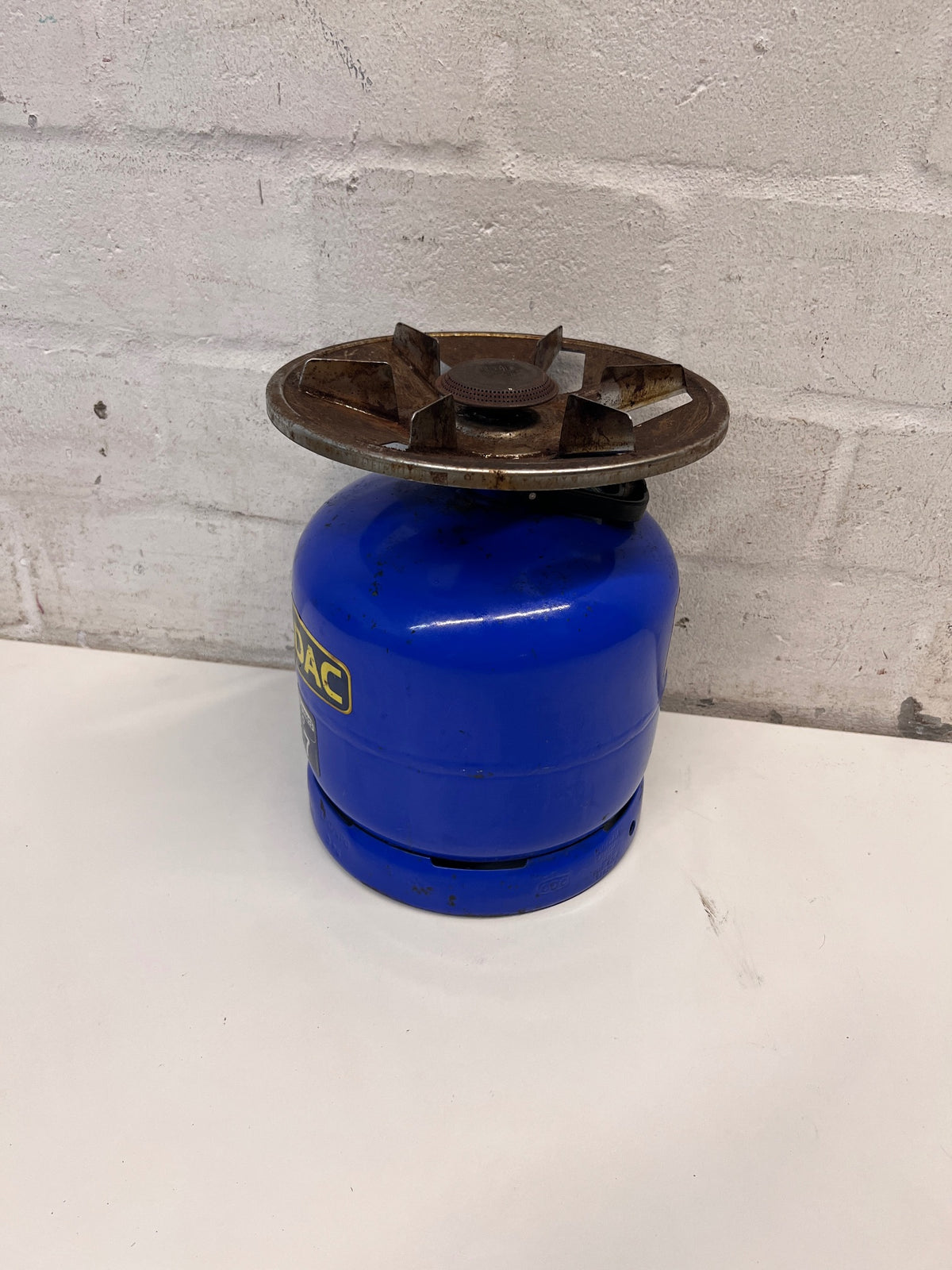 Cadac 3kg Blue Gas Cylinder with Burner Top — Fair Used Condition – side view