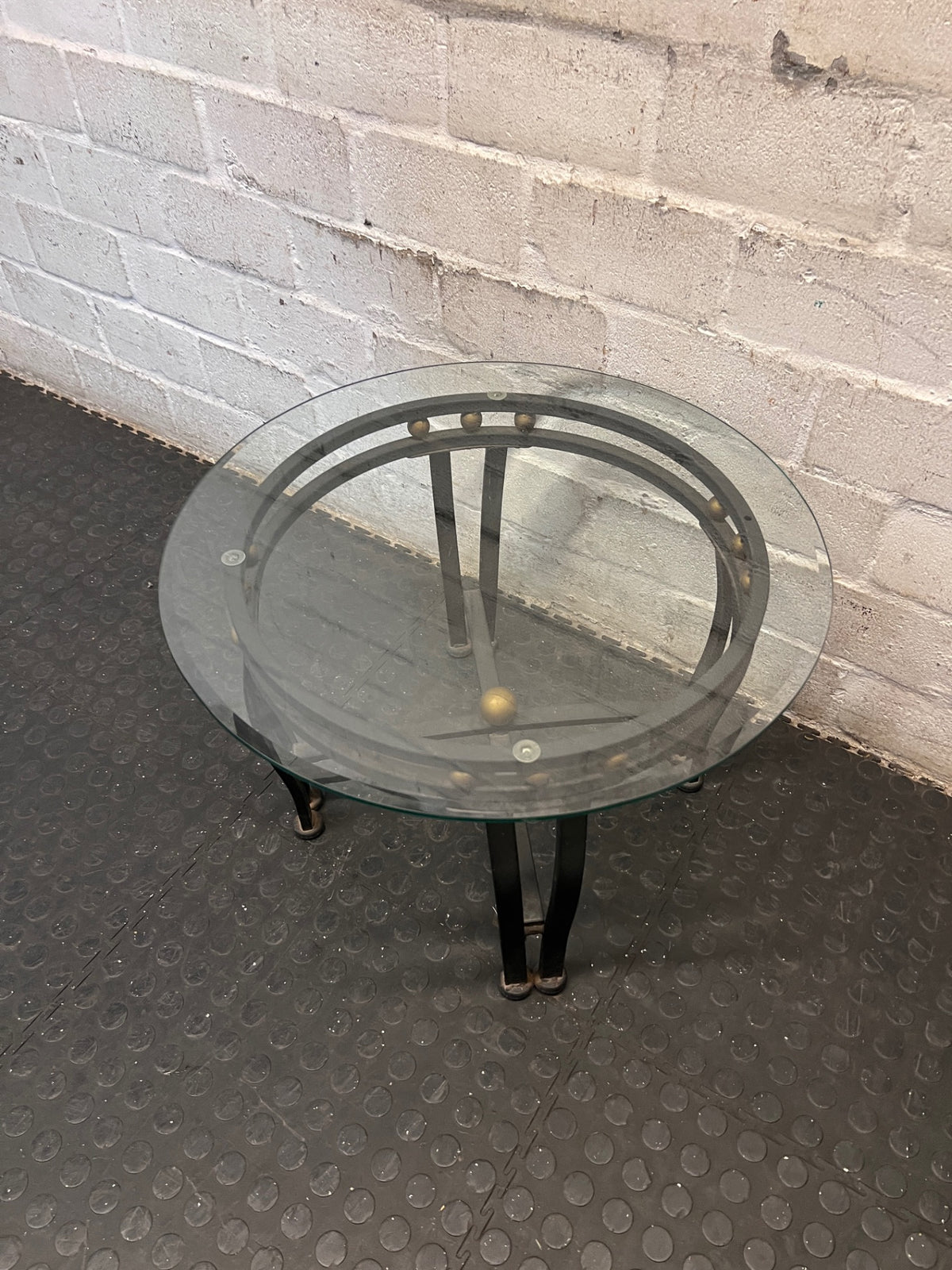 Round Glass Top Side Table with Metallic Frame – back view