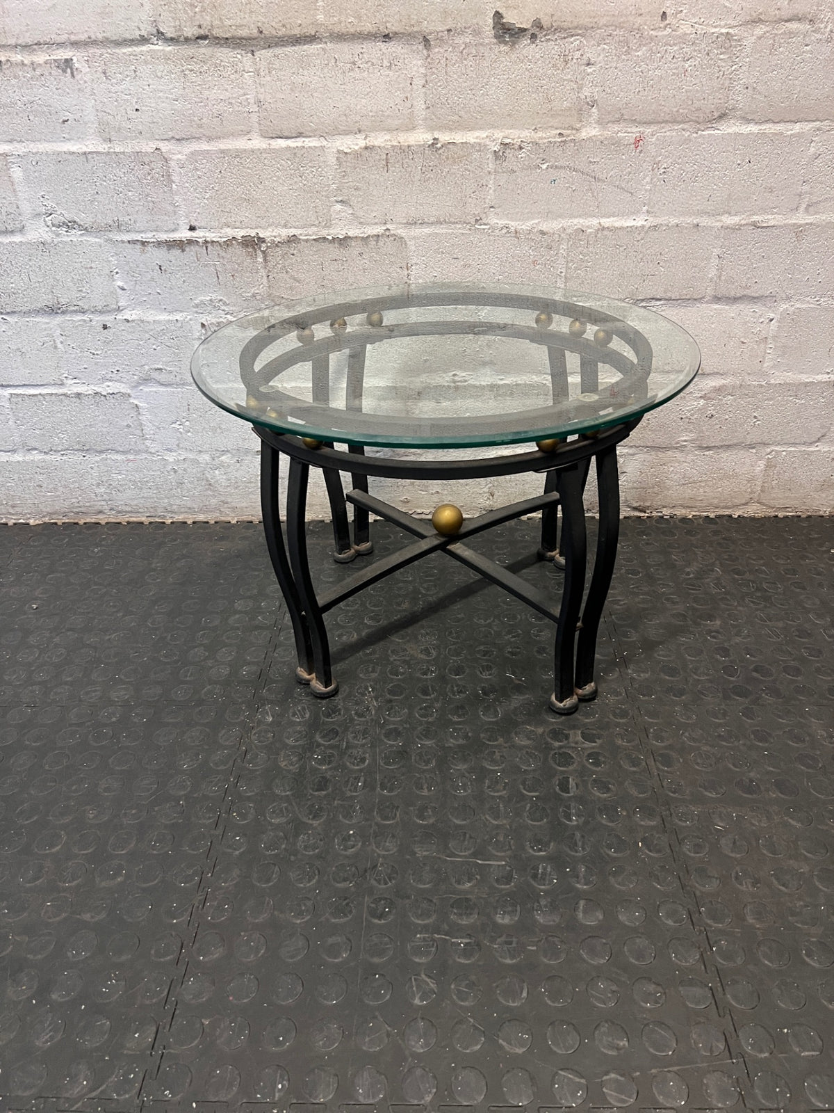 Round Glass Top Side Table with Metallic Frame – side view