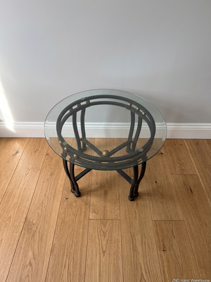 Round Glass Top Side Table with Metallic Frame – styled product image