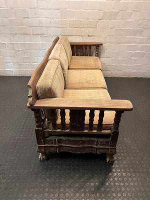 1950s Imbuia 3 Seater Couch with Cushions — Frame Partially Covered in Grey Paint – back view