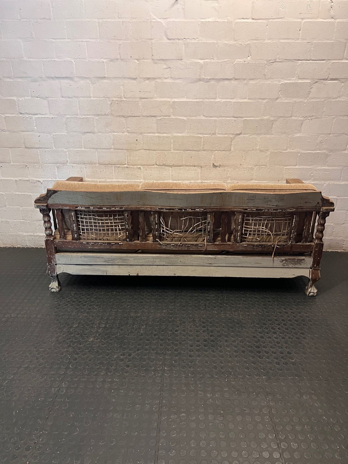 1950s Imbuia 3 Seater Couch with Cushions — Frame Partially Covered in Grey Paint – condition detail