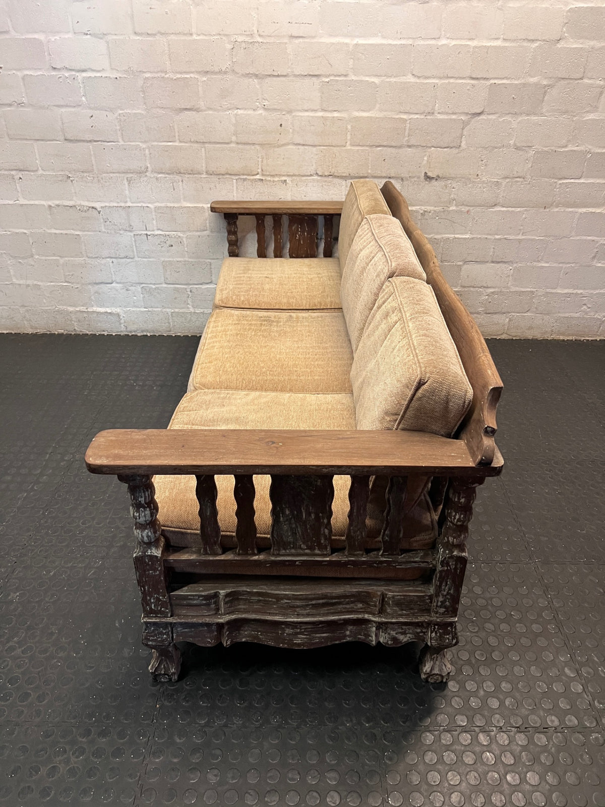 1950s Imbuia 3 Seater Couch with Cushions — Frame Partially Covered in Grey Paint – side view