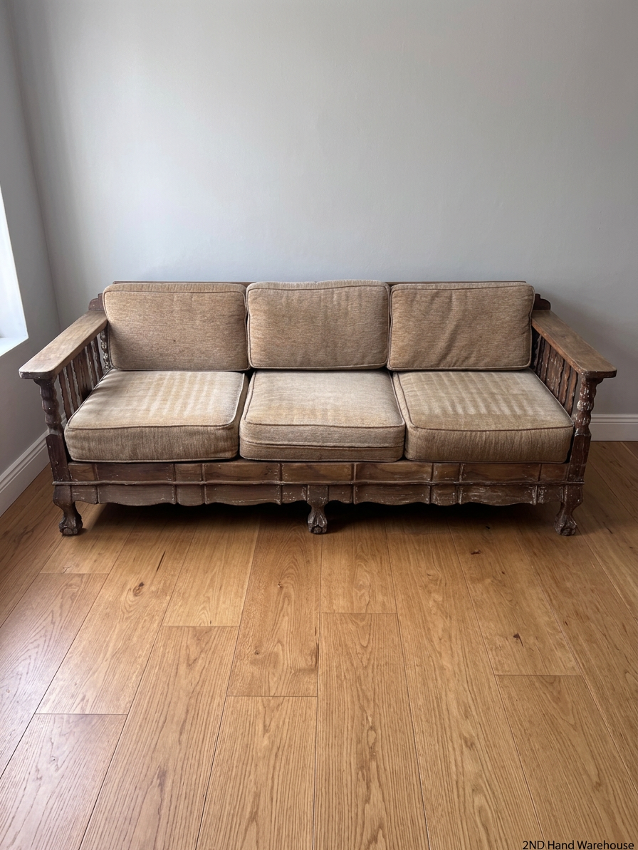 1950s Imbuia 3 Seater Couch with Cushions — Frame Partially Covered in Grey Paint – styled product image
