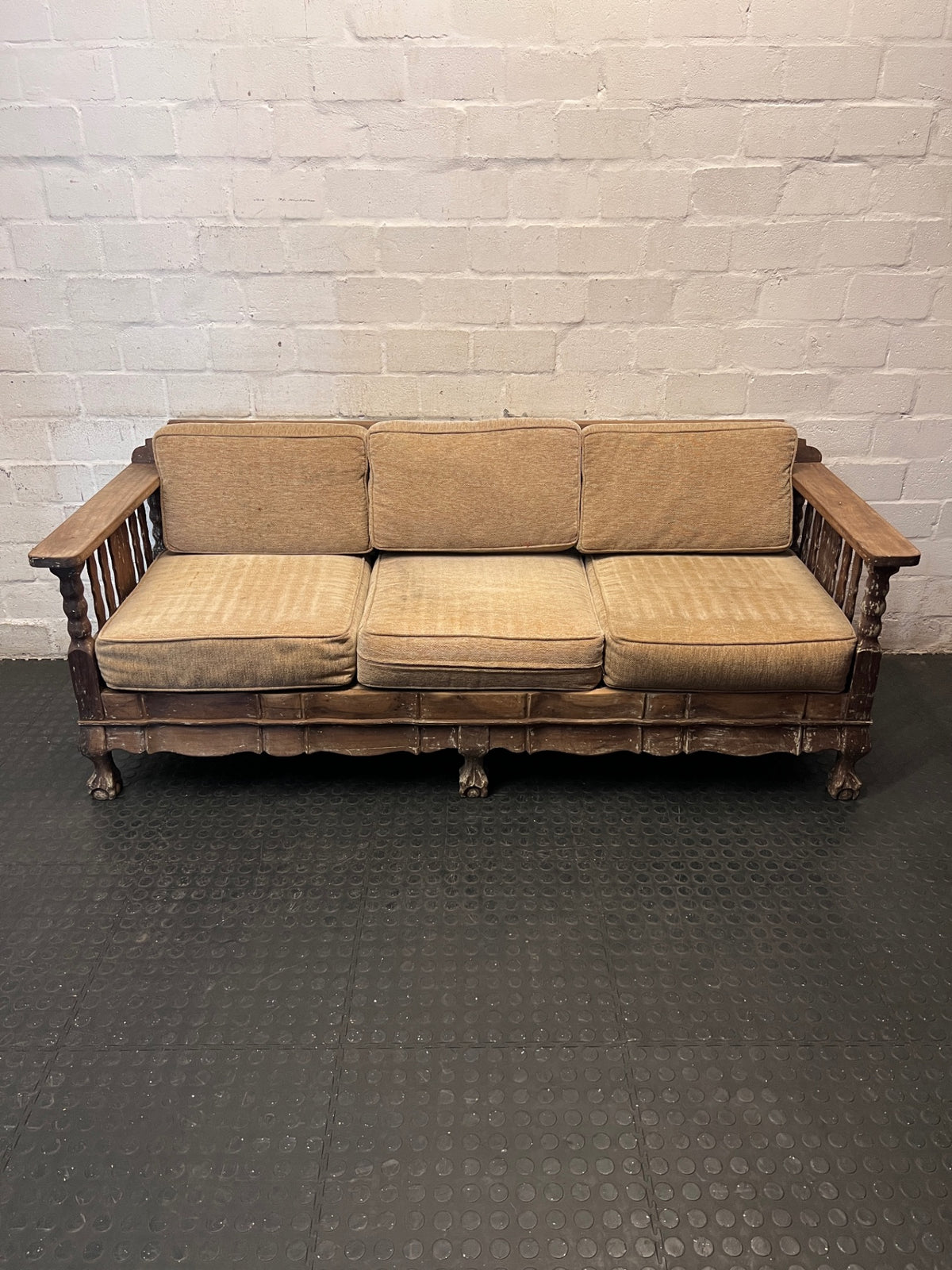 1950s Imbuia 3 Seater Couch with Cushions — Frame Partially Covered in Grey Paint – top view