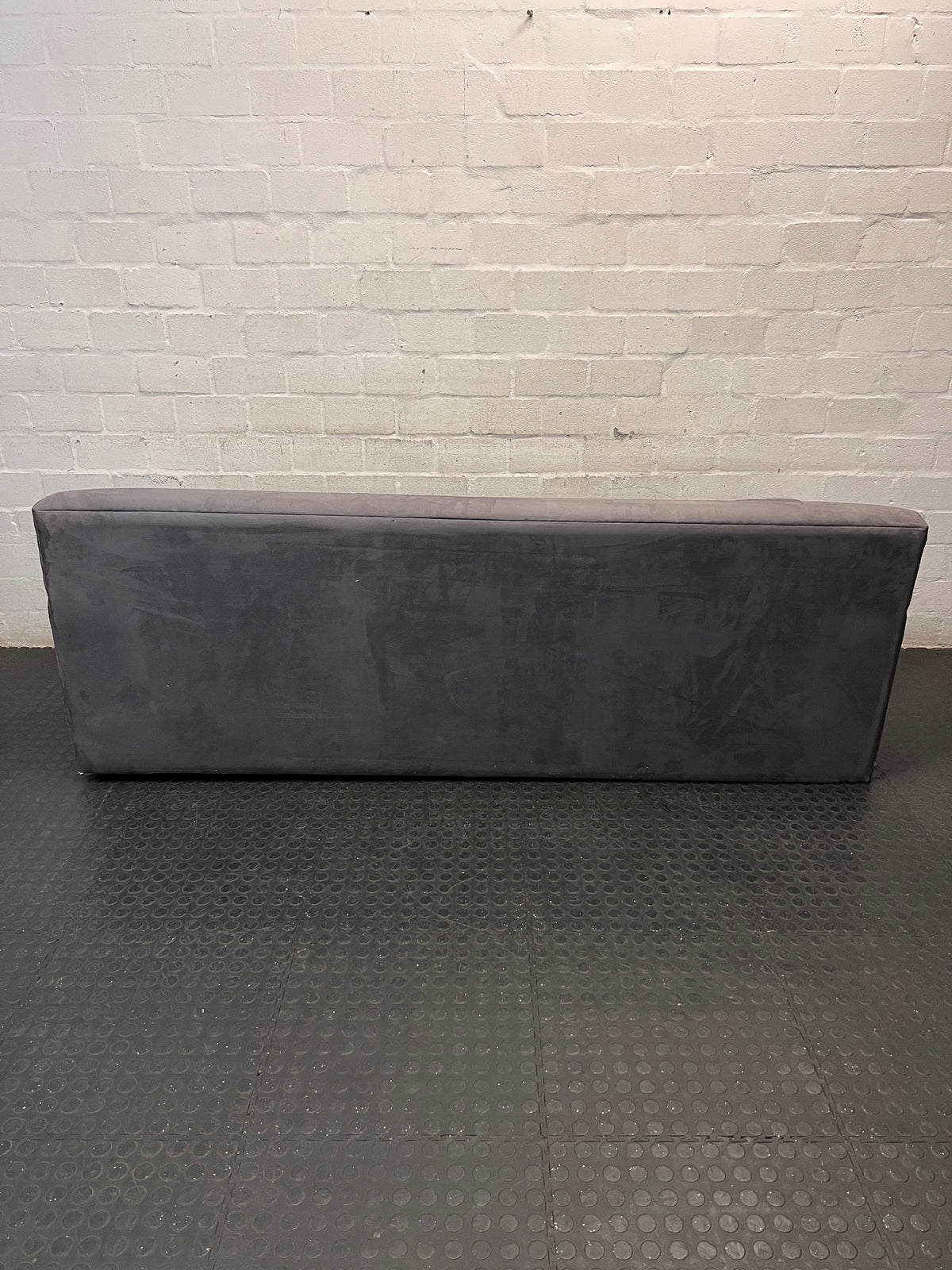 3 Seater Grey Fabric Couch with Wide Block Arms — Fair Overall Condition – back view