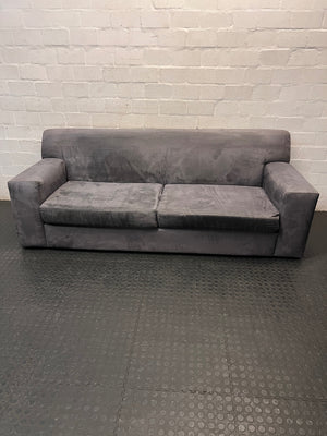 3 Seater Grey Fabric Couch with Wide Block Arms — Fair Overall Condition – main front view