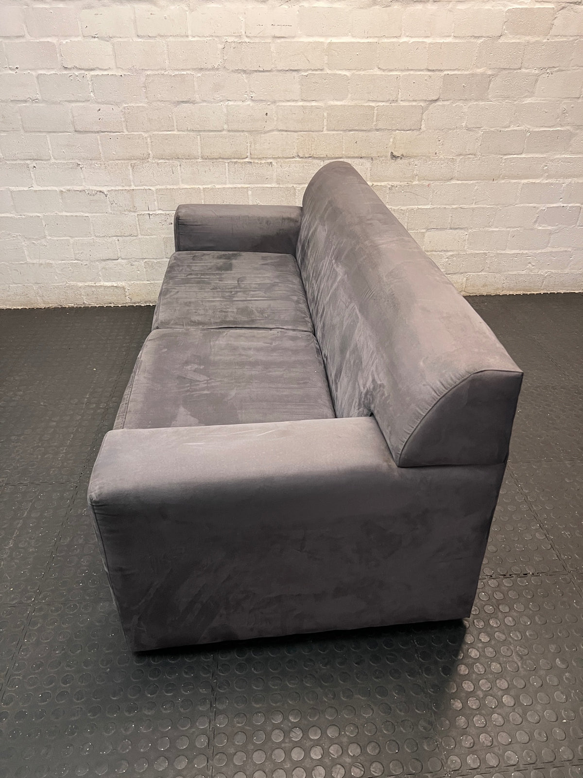 3 Seater Grey Fabric Couch with Wide Block Arms — Fair Overall Condition – side view