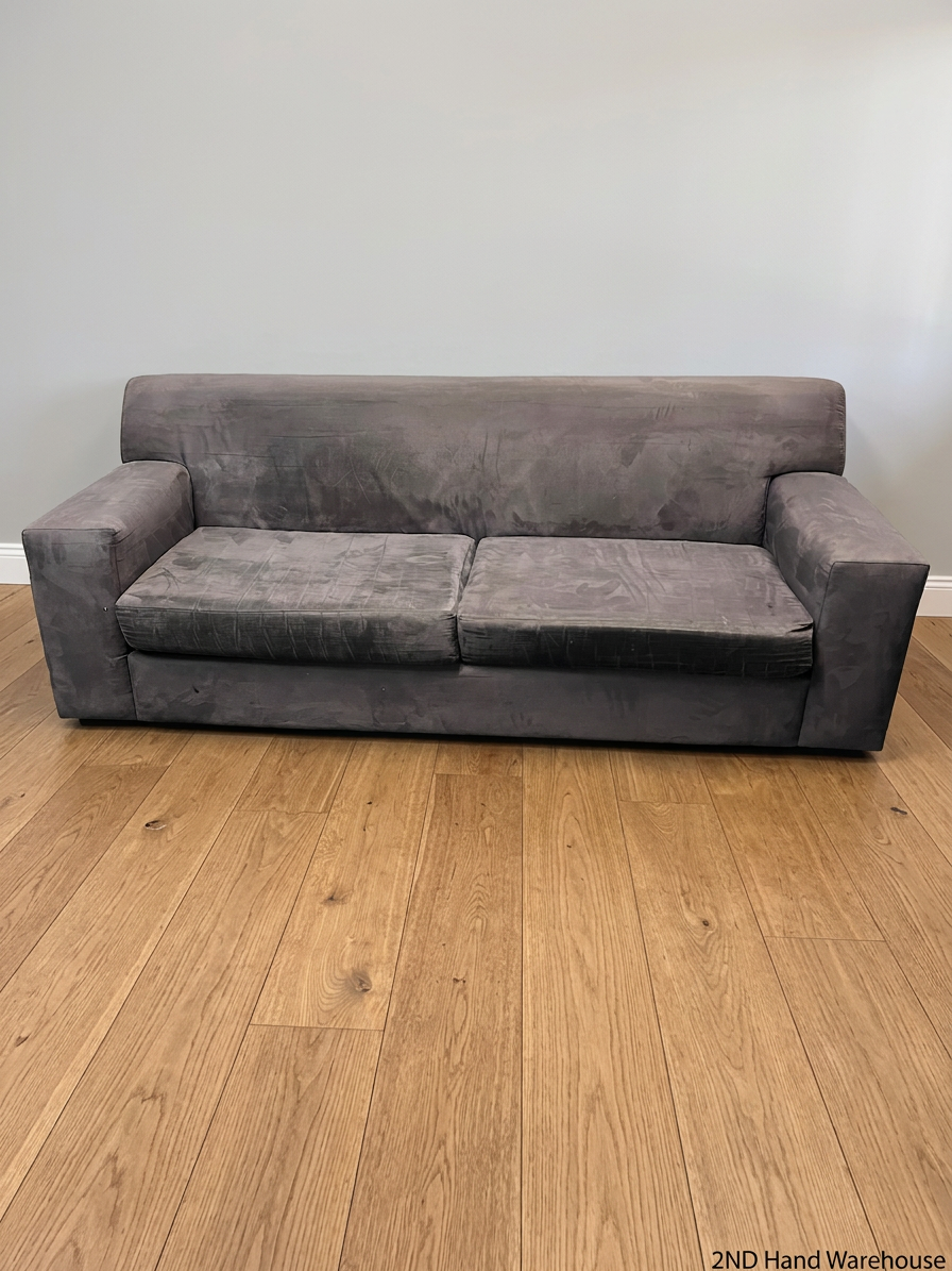 3 Seater Grey Fabric Couch with Wide Block Arms — Fair Overall Condition – styled product image