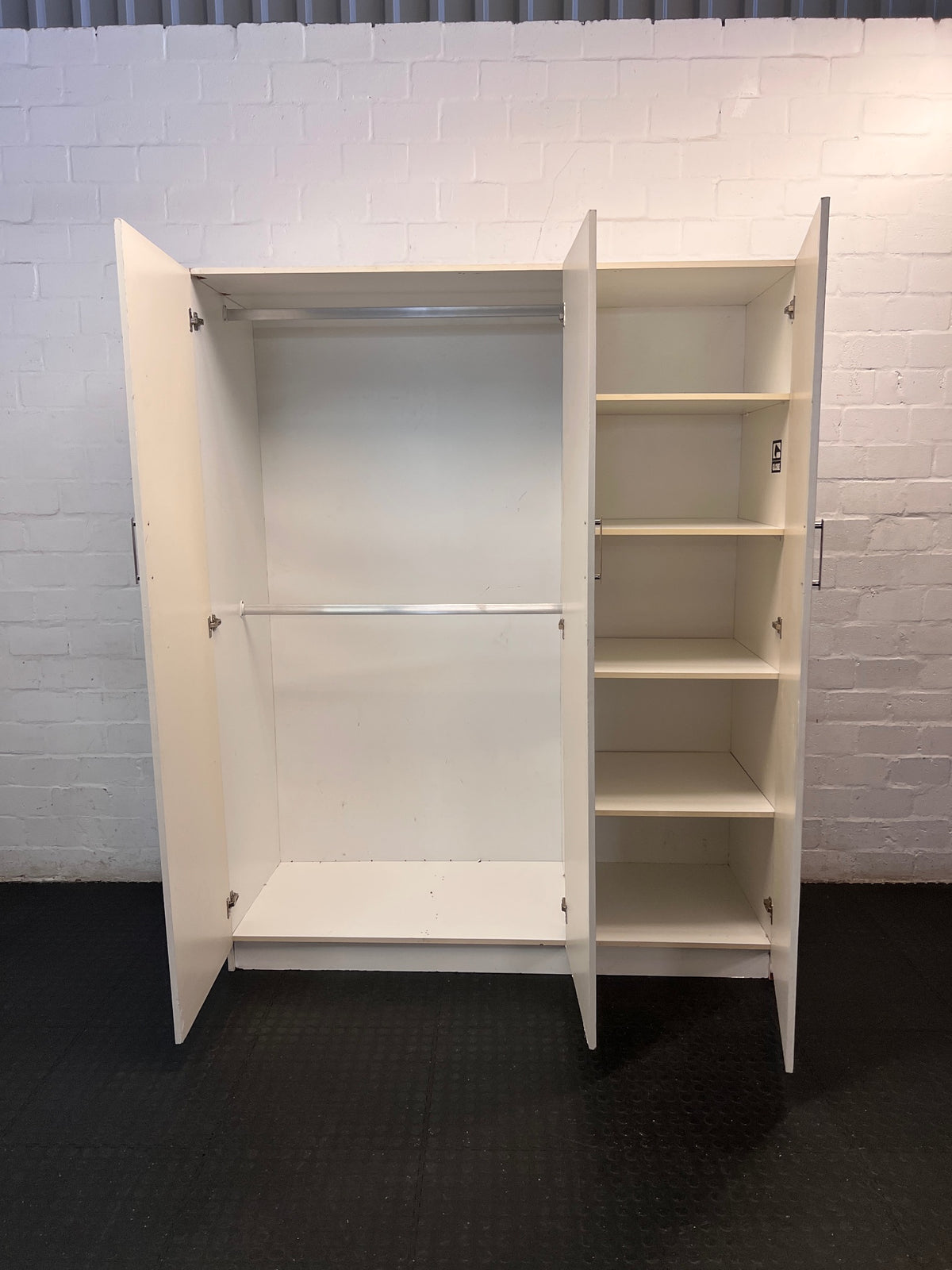 White Three-Door Paneled Wardrobe — Good Working Order – side view