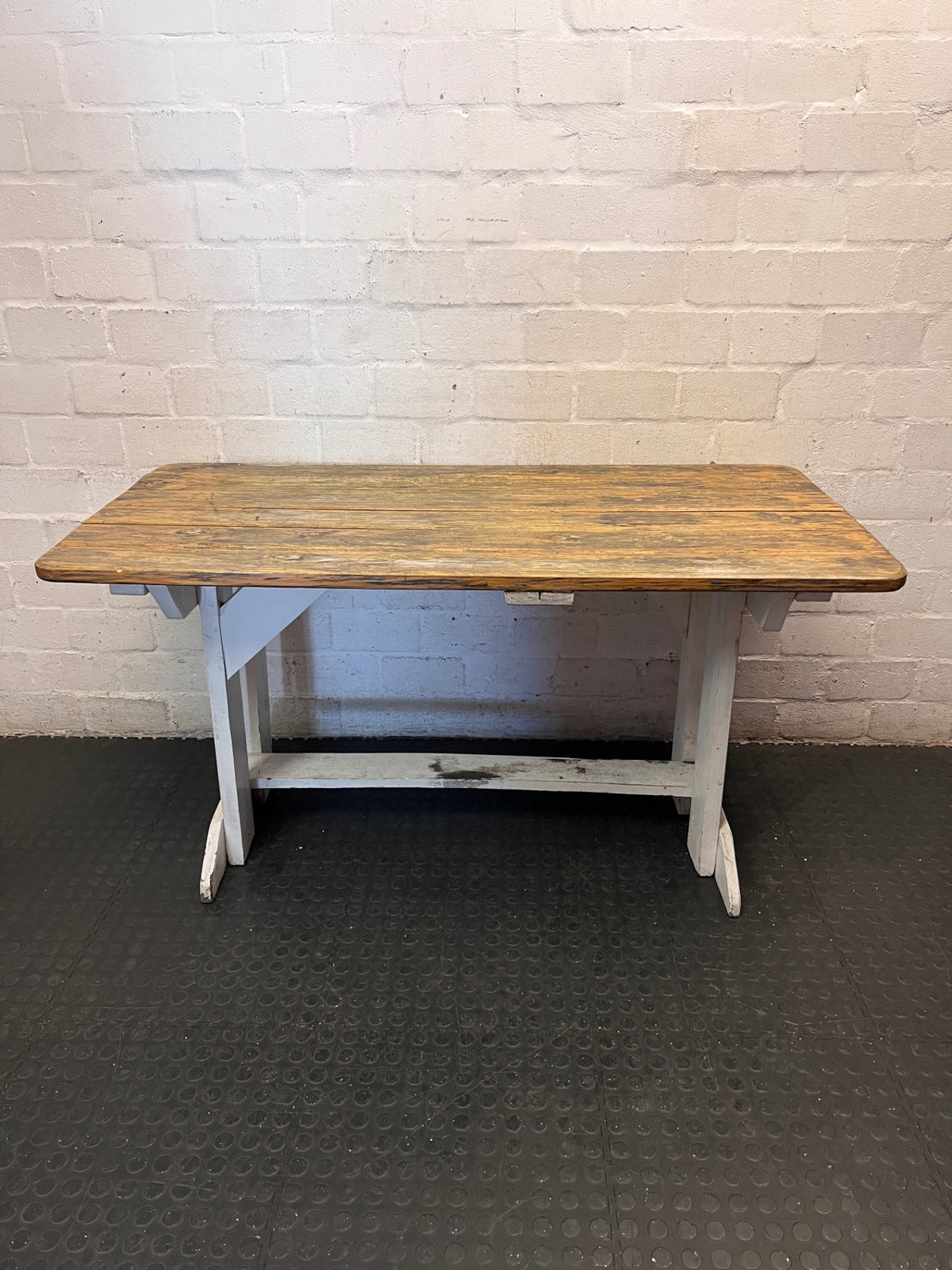 Rustic Wooden Trestle Garden Table — Weather Soiled Wood Surface – condition detail
