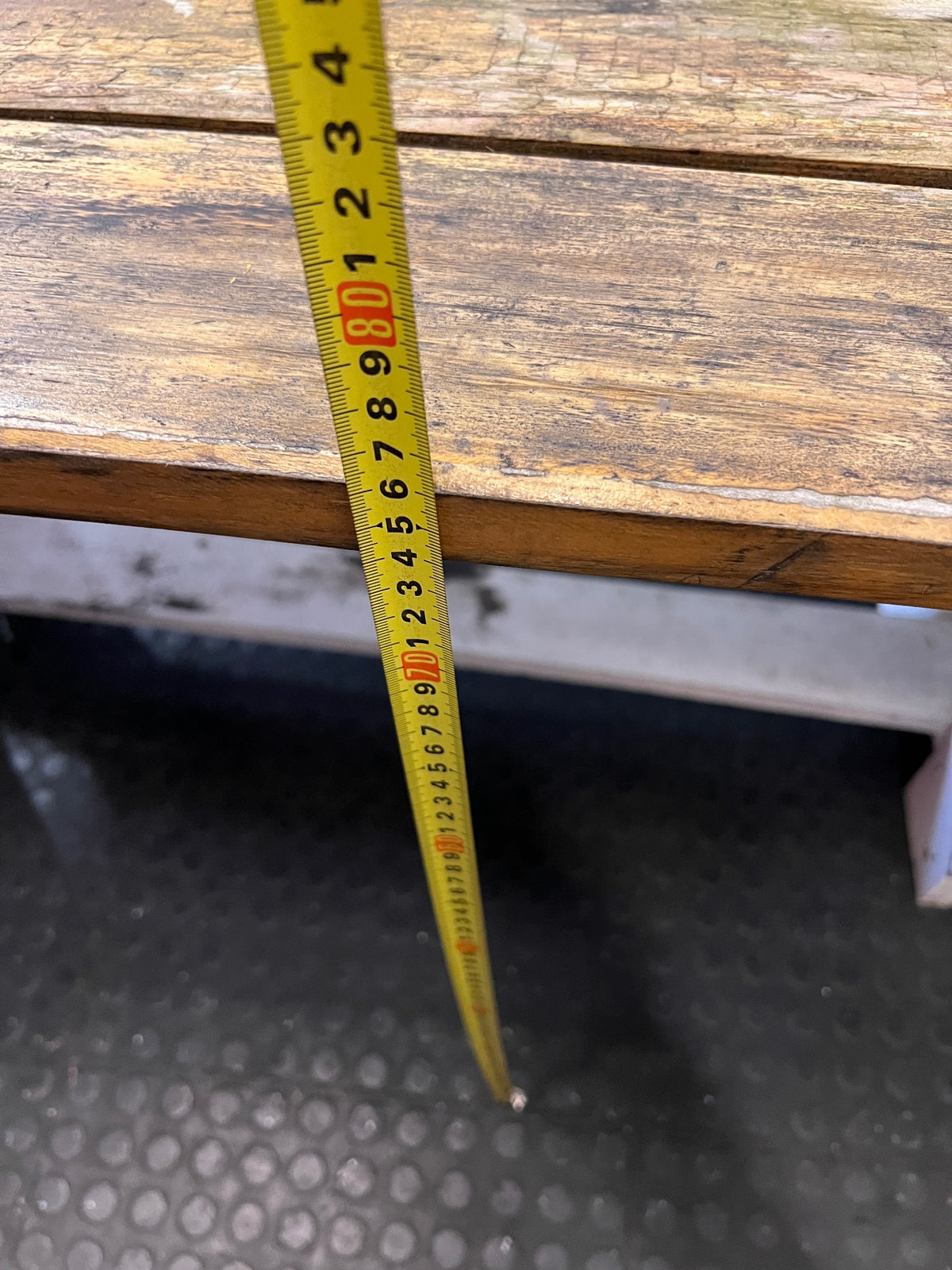 Rustic Wooden Trestle Garden Table — Weather Soiled Wood Surface – height measurement