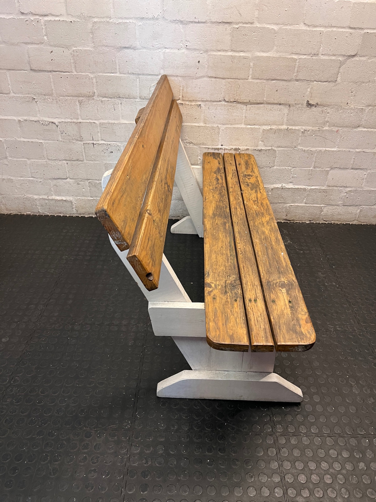 Golden Brown and White Wooden Garden Bench — Weather Soiled Wood Surfaces – back view